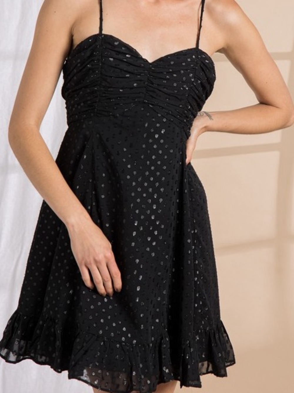 Lena Black Dress w/ metallic silver dots Ruffle-Hem sweetheart neck-party S M